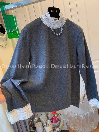 Japanese and Korean Autumn/Winter Lace Embroidered Plush T-Shirt New Plus Size Women's French Style Pseudo Two-Piece Base Shirt for Women