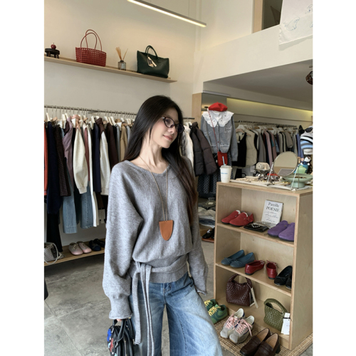 Photographed True Lazy V-neck Casual Strap Design Long-sleeved Loose Knit Top Short-sleeved Women's Shirt