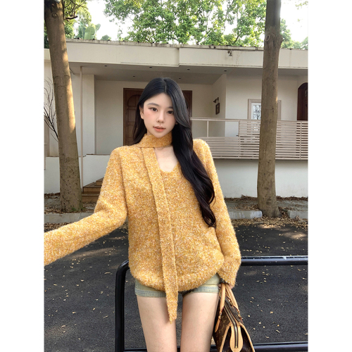 Shot. Purple loose V-neck sweater autumn and winter knitted top casual long-sleeved top