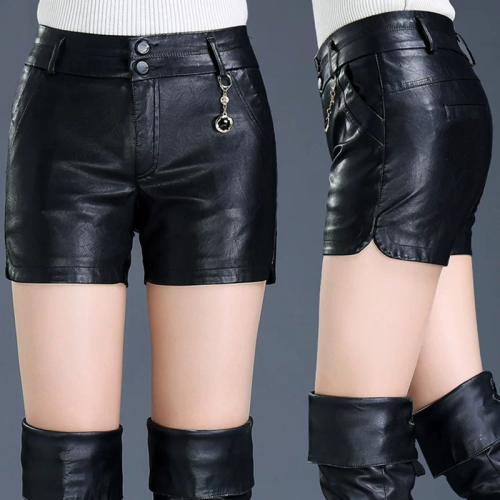 Women's Leather Shorts 2025 Autumn/Winter New Arrival High-Waisted All-Match Slimming Outerwear Bootcut Pants PU-Fitted Base Layer Leather Pants