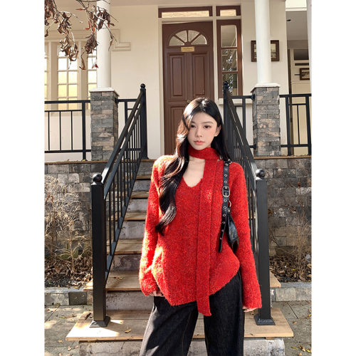 Shot. Purple loose V-neck sweater autumn and winter knitted top casual long-sleeved top