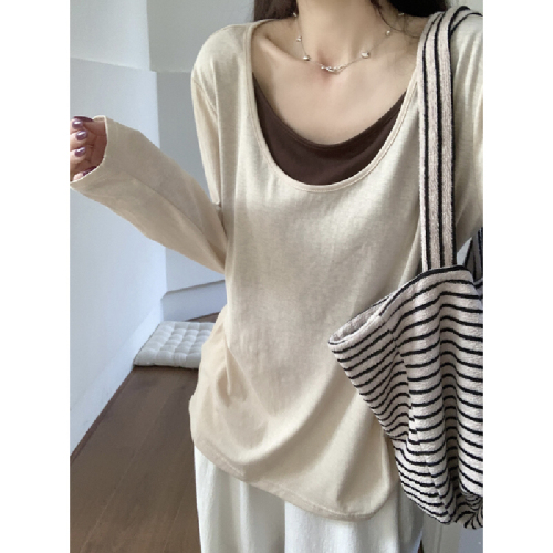 Real-shot Autumn/Winter Korean-style Faux Two-Piece Lazy-Style Loose Contrast-Colored U-Neck Versatile Long-Sleeve Base T-Shirt Top for Women