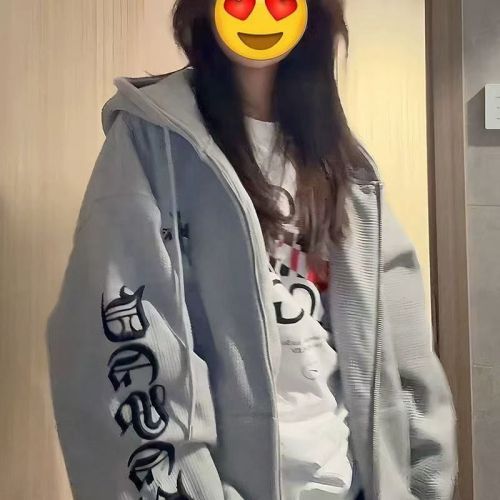 Waffle-Texture Composite American Street Hooded Sweatshirt for Women, INS Waffle-Texture Loose Open-Front Jacket