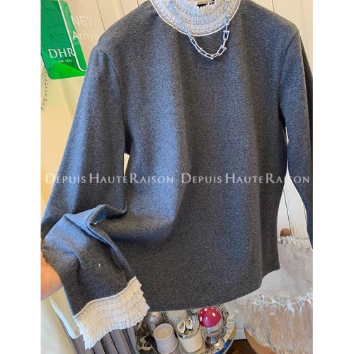 Japanese and Korean Autumn/Winter Lace Embroidered Plush T-Shirt New Plus Size Women's French Style Pseudo Two-Piece Base Shirt for Women