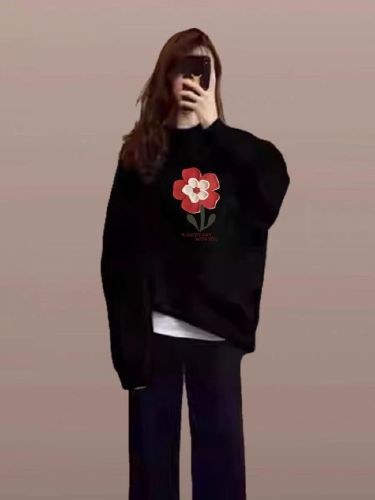 Cotton-Blend Hua Mian CVC Ribbed Round Neck Printed Sweatshirt for Women and Men Couples Regular Thickenable