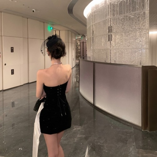 Real-shot, luxe yet understated waist-defined, contrasting-color, finely shimmering velvet tube dress—sheath-style with tie-up details for a sleek, figure-flattering fit.