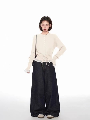 Sweetness Full Marks~ Sweet Floral Edge Buttoned Drawstring Knit Sweater for Women Early Spring Round Neck Long Sleeve Cardigan