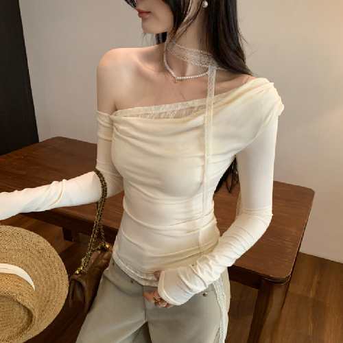 Photographed purple lace scarf sleeve off-shoulder base shirt women's autumn 2025 new style can be worn outside shoulder-revealing top