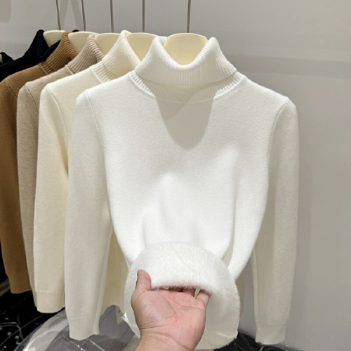 Sijiqing 2025 Autumn/Winter New Arrival Basic High-Neck Fleece-Integrated Long-Sleeve Knitwear for Women – Simple, Thickened Base Layer