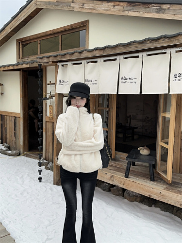 Photographed~ New Winter Solid Color Thick Zipper Warm & Slimming Stand Collar Lamb Wool Fleece Short Jacket