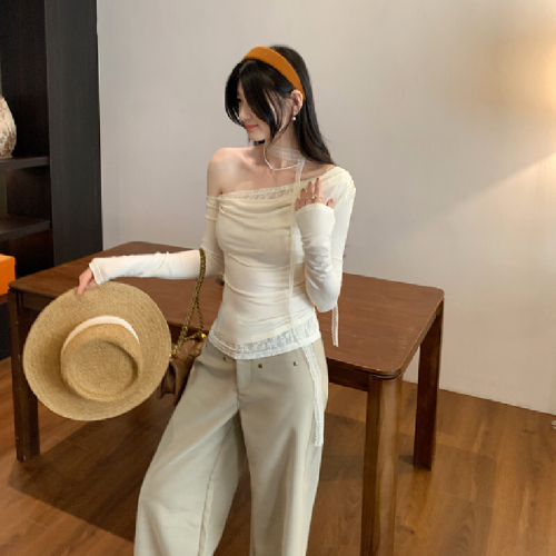 Photographed purple lace scarf sleeve off-shoulder base shirt women's autumn 2025 new style can be worn outside shoulder-revealing top