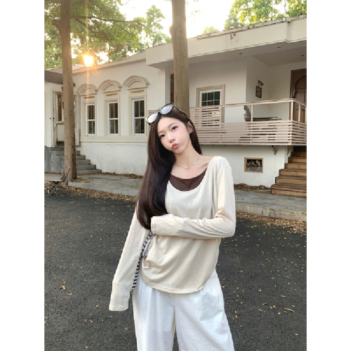 Real-shot Autumn/Winter Korean-style Faux Two-Piece Lazy-Style Loose Contrast-Colored U-Neck Versatile Long-Sleeve Base T-Shirt Top for Women