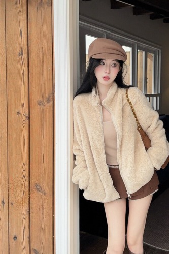 Photographed~ New Winter Solid Color Thick Zipper Warm & Slimming Stand Collar Lamb Wool Fleece Short Jacket