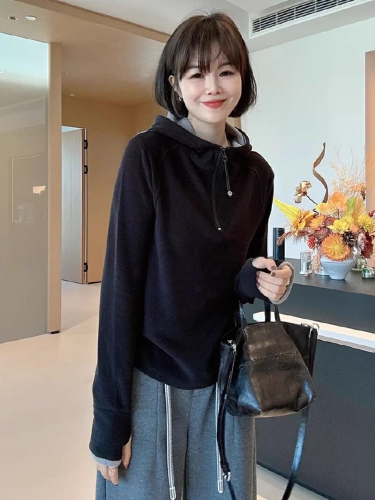 Dero 280g Designer-Style Contrasting Color Double-Sided Dero Fleece Hooded Half-Zip Base Layer Top