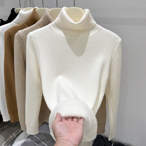 Sijiqing 2025 Autumn/Winter New Arrival Basic High-Neck Fleece-Integrated Long-Sleeve Knitwear for Women – Simple, Thickened Base Layer