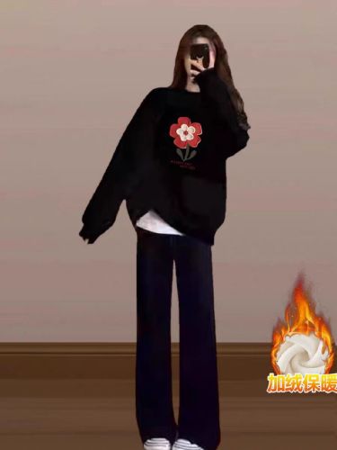 Cotton-Blend Hua Mian CVC Ribbed Round Neck Printed Sweatshirt for Women and Men Couples Regular Thickenable