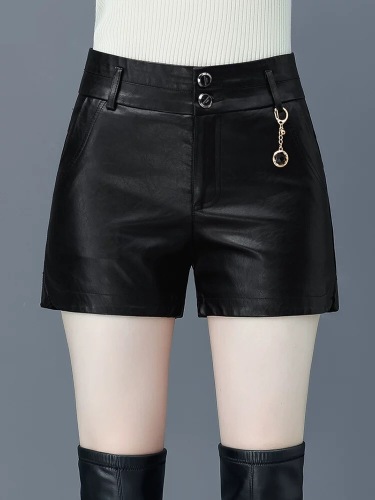 Women's Leather Shorts 2025 Autumn/Winter New Arrival High-Waisted All-Match Slimming Outerwear Bootcut Pants PU-Fitted Base Layer Leather Pants