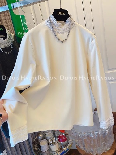 Japanese and Korean Autumn/Winter Lace Embroidered Plush T-Shirt New Plus Size Women's French Style Pseudo Two-Piece Base Shirt for Women