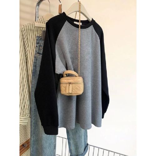 Women's Autumn Color Block Splicing Long Sleeve T-Shirt with Deboner and Padded Shoulder, Large Size 300 Lbs