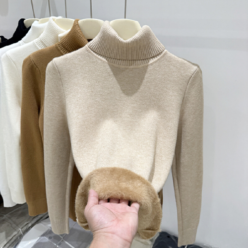 Sijiqing 2025 Autumn/Winter New Arrival Basic High-Neck Fleece-Integrated Long-Sleeve Knitwear for Women – Simple, Thickened Base Layer