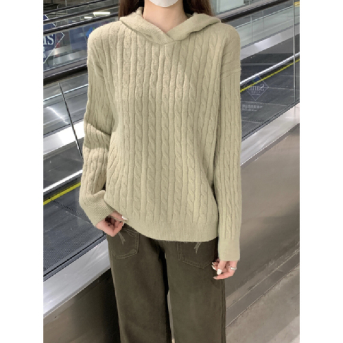 Photo-realistic Korean-style soft and loose fluffy cabled hooded knitted sweater, thick sweater, inner layer top