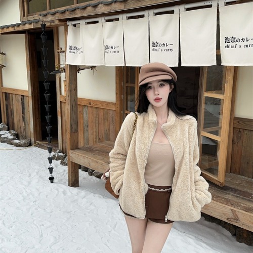 Photographed~ New Winter Solid Color Thick Zipper Warm & Slimming Stand Collar Lamb Wool Fleece Short Jacket