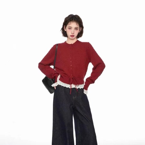 Sweetness Full Marks~ Sweet Floral Edge Buttoned Drawstring Knit Sweater for Women Early Spring Round Neck Long Sleeve Cardigan