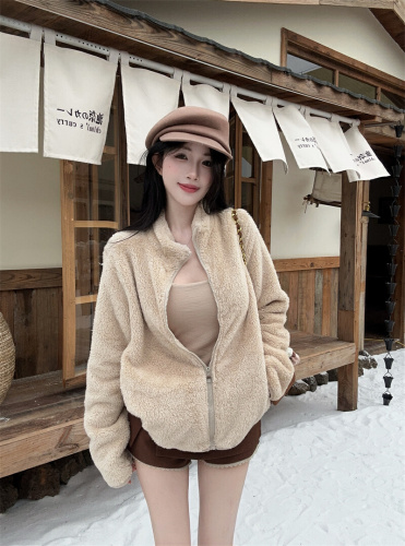 Photographed~ New Winter Solid Color Thick Zipper Warm & Slimming Stand Collar Lamb Wool Fleece Short Jacket