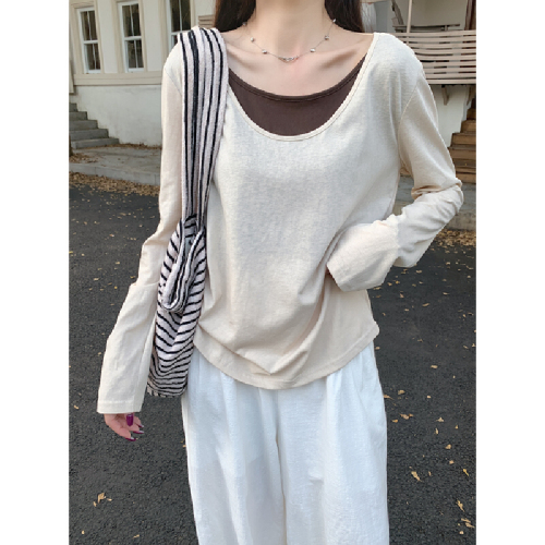 Real-shot Autumn/Winter Korean-style Faux Two-Piece Lazy-Style Loose Contrast-Colored U-Neck Versatile Long-Sleeve Base T-Shirt Top for Women
