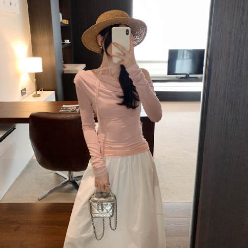 Photographed purple lace scarf sleeve off-shoulder base shirt women's autumn 2025 new style can be worn outside shoulder-revealing top