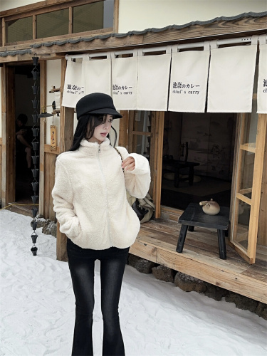 Photographed~ New Winter Solid Color Thick Zipper Warm & Slimming Stand Collar Lamb Wool Fleece Short Jacket