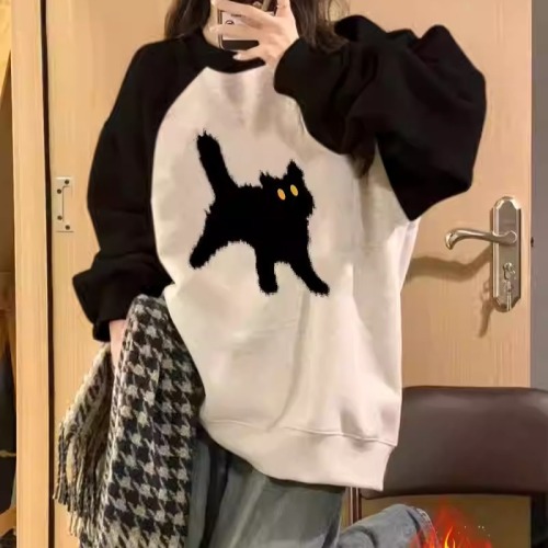 Korean Version Hua Mian Composite Printing Long-Sleeve Round Neck Sweatshirt Women Autumn/Winter New Loose Top Thin + Fleece