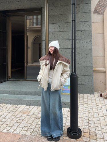 Actual shoot lamb wool large lapel coat with added thickness warm Korean version leather and fur integrated parka style loose chic cotton coat