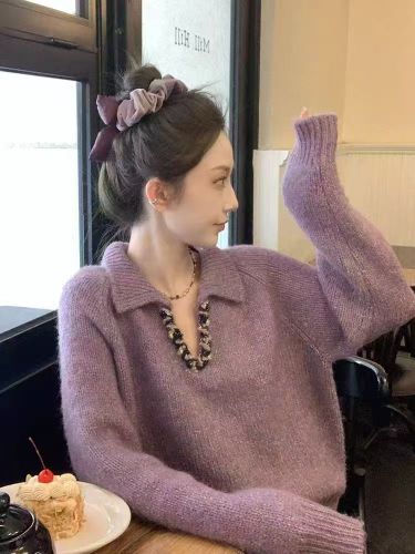 2025 Winter French Heavy Work Collar Sparkling Knit Top with Relaxed Fit