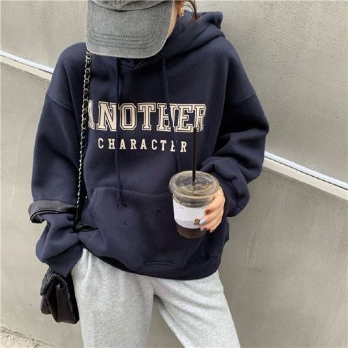 Cashmere-lined thick sweatshirt outerwear for women, autumn and winter Korean style hooded loose print long-sleeved top trendy