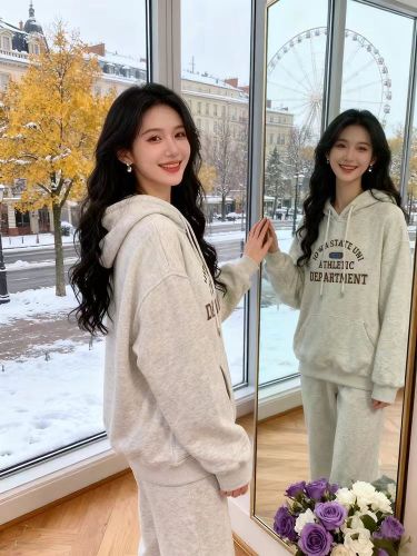 High-quality cotton composite CVC ribbed women's hooded printed sweatshirt with regular extra warmth