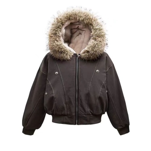 Shoot-proof short down cotton coat for women with faux rabbit fur hooded collar, 2025 winter cotton jacket, American retro style
