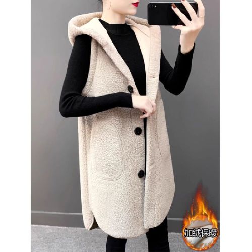 Unisex Oversized No-Sleeve Medium-Length Cardigan Blazer Backless Vest Loose Outerwear Bubbles Fleece Vest for Women Autumn and Winter Hooded