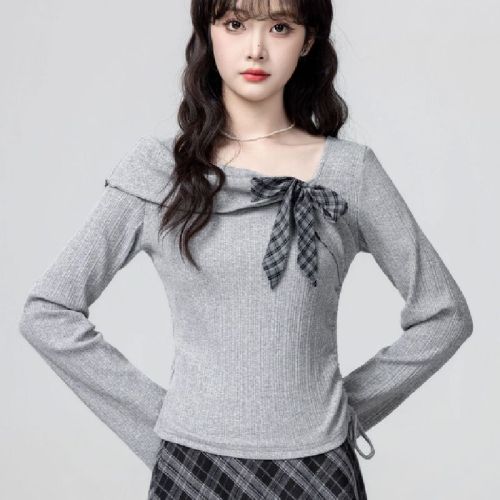 Women's Gray Plaid Collar Long-Sleeve T-Shirt Spring and Autumn 2025 New Winter Button Bow Tied Drawstring Waist Short Top