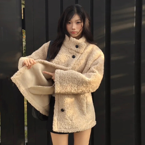 French retro style stand collar warm loose fur all-in-one fur coat