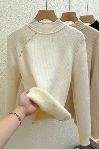 Photographed Autumn/Winter Warm Thicken Fleece One-Piece Wool Sweater for Women, Base Layer Shirt, New Half-Neck Knit Top