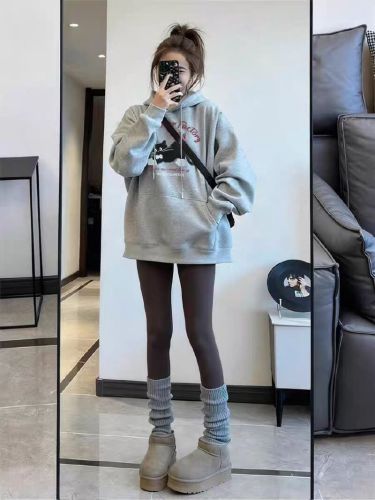 High-quality cotton blend CVC ribbed women's hooded print sweatshirt, regular lined