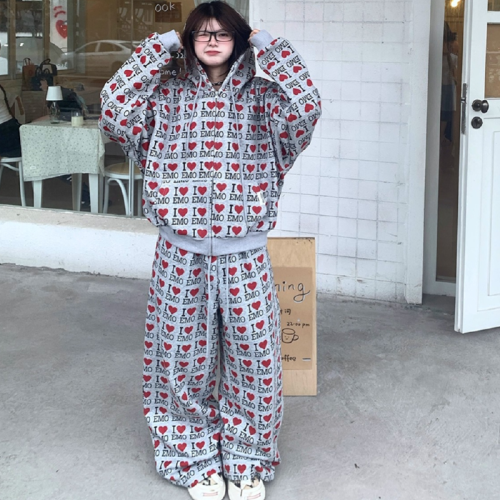 Mamba Cotton Loving Letter Full Print Retro Autumn Loose Hoodie Set