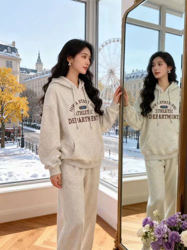 High-quality cotton composite CVC ribbed women's hooded printed sweatshirt with regular extra warmth