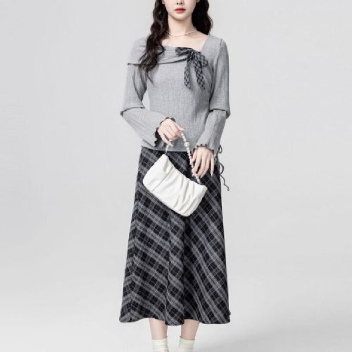 Women's Gray Plaid Collar Long-Sleeve T-Shirt Spring and Autumn 2025 New Winter Button Bow Tied Drawstring Waist Short Top