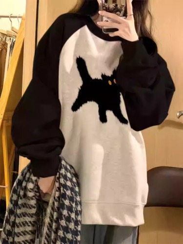 Korean Version Hua Mian Composite Printing Long-Sleeve Round Neck Sweatshirt Women Autumn/Winter New Loose Top Thin + Fleece