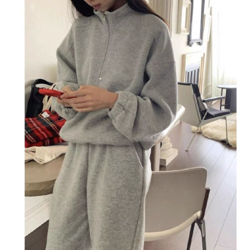 Korean chic autumn/winter niche effortless versatile color-block long-sleeve hoodie + high-waisted casual lined pants set with thermal lining