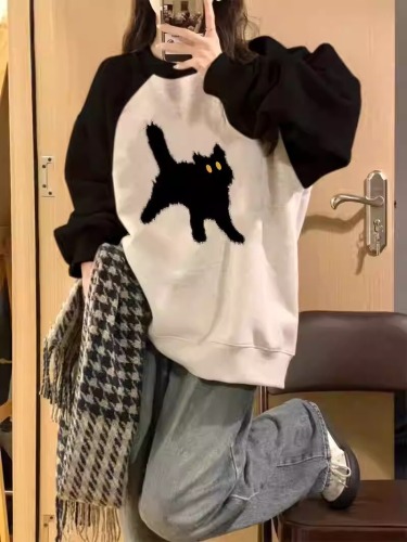 Korean Version Hua Mian Composite Printing Long-Sleeve Round Neck Sweatshirt Women Autumn/Winter New Loose Top Thin + Fleece