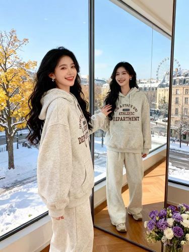 High-quality cotton composite CVC ribbed women's hooded printed sweatshirt with regular extra warmth