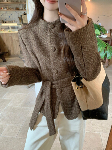 Photographed! Korean Autumn/Winter Vintage Money Style Round Neck Slimming Wool Blend Coat High-End Top